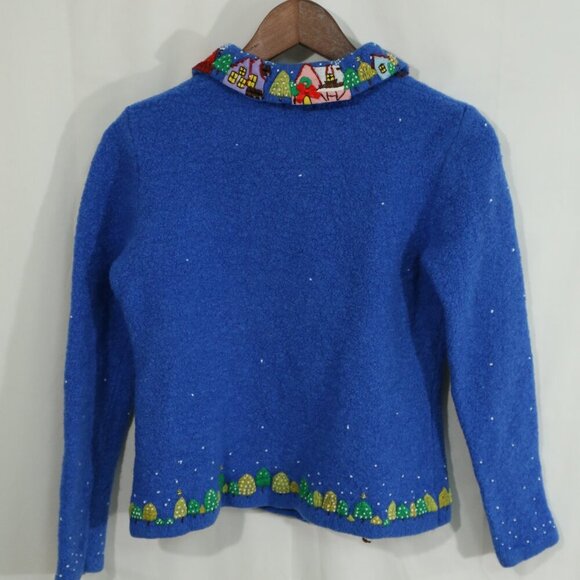 Kids Christmas Sweater Cardigan Blue Beaded Santa Reindeer Holiday Village Small - Picture 3 of 7
